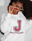 White unisex crewneck sweatshirt with large J logo graphic at center chest