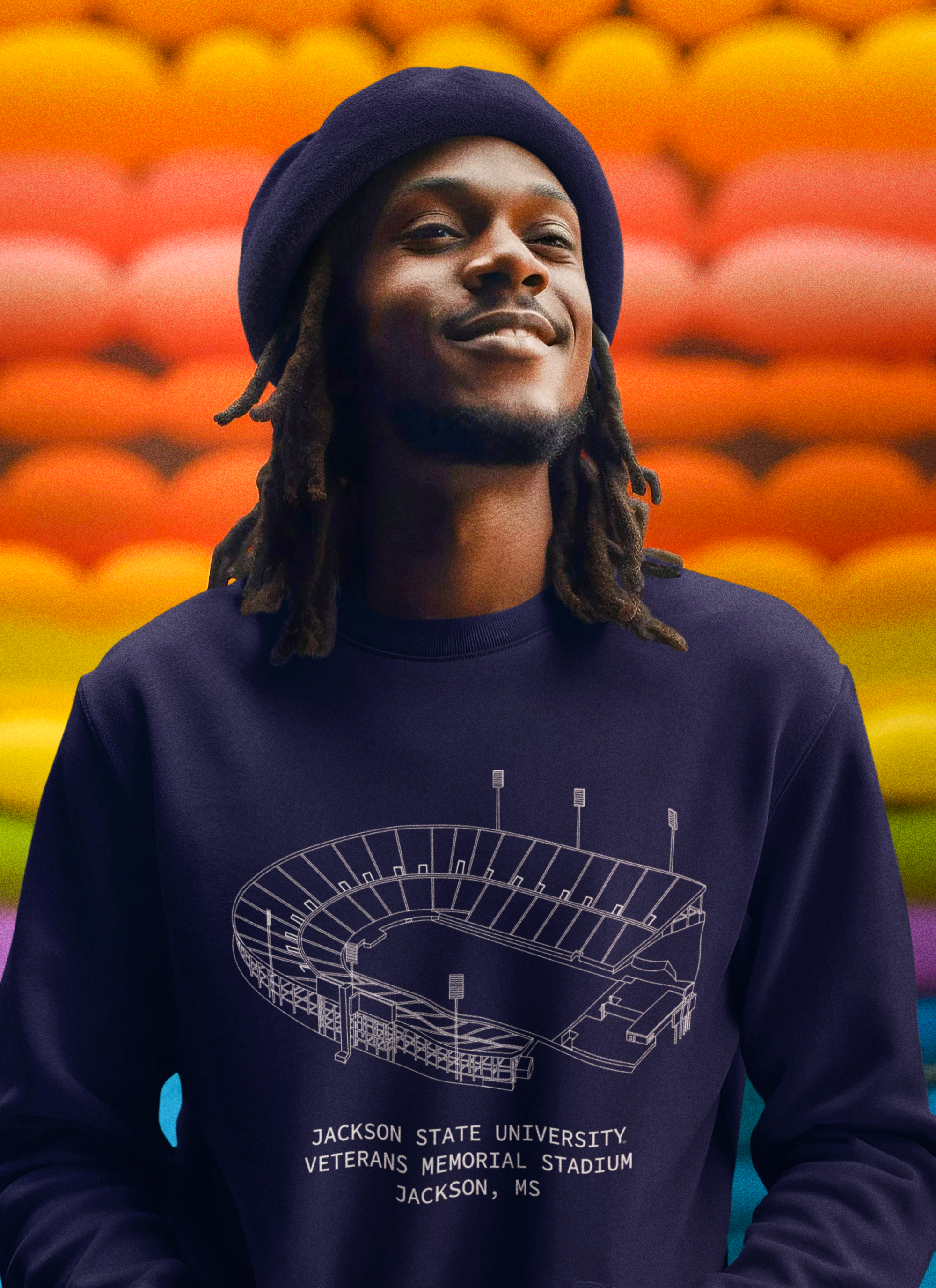 Navy crewneck sweatshirt with white stadium graphic, worn by model