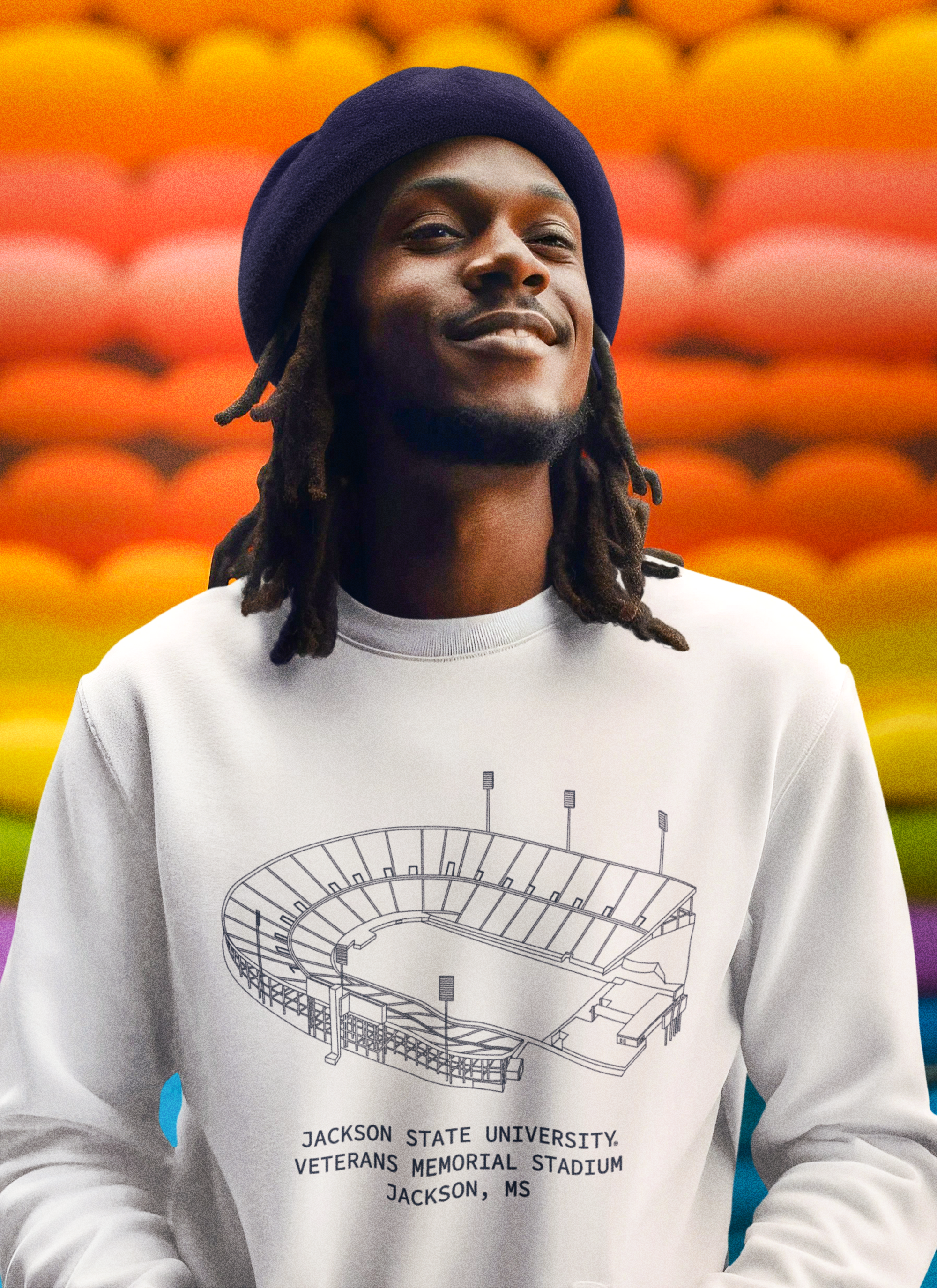 White unisex crewneck sweatshirt with stadium graphic and stacked text on chest