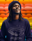 Navy crewneck sweatshirt with white stadium graphic, worn by model