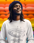 White unisex crewneck sweatshirt with stadium graphic and stacked text on chest