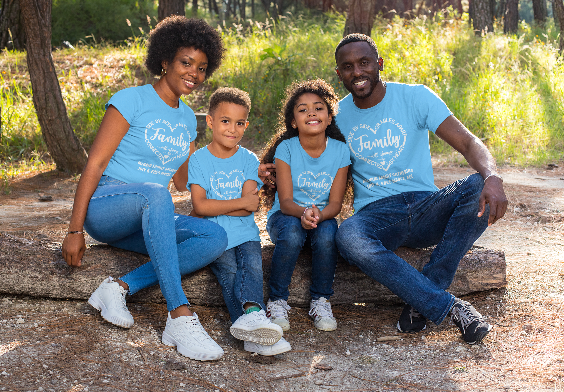 Matching Carolina blue family reunion T-shirts worn by a family outdoors