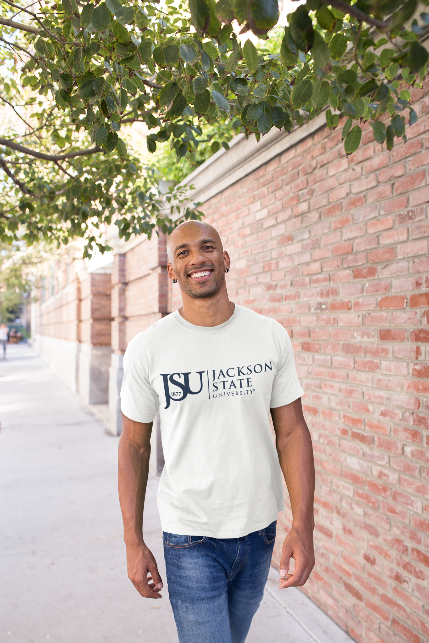 White crew neck T-shirt with Jackson State crest logo graphic on front