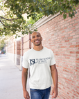White crew neck T-shirt with Jackson State crest logo graphic on front