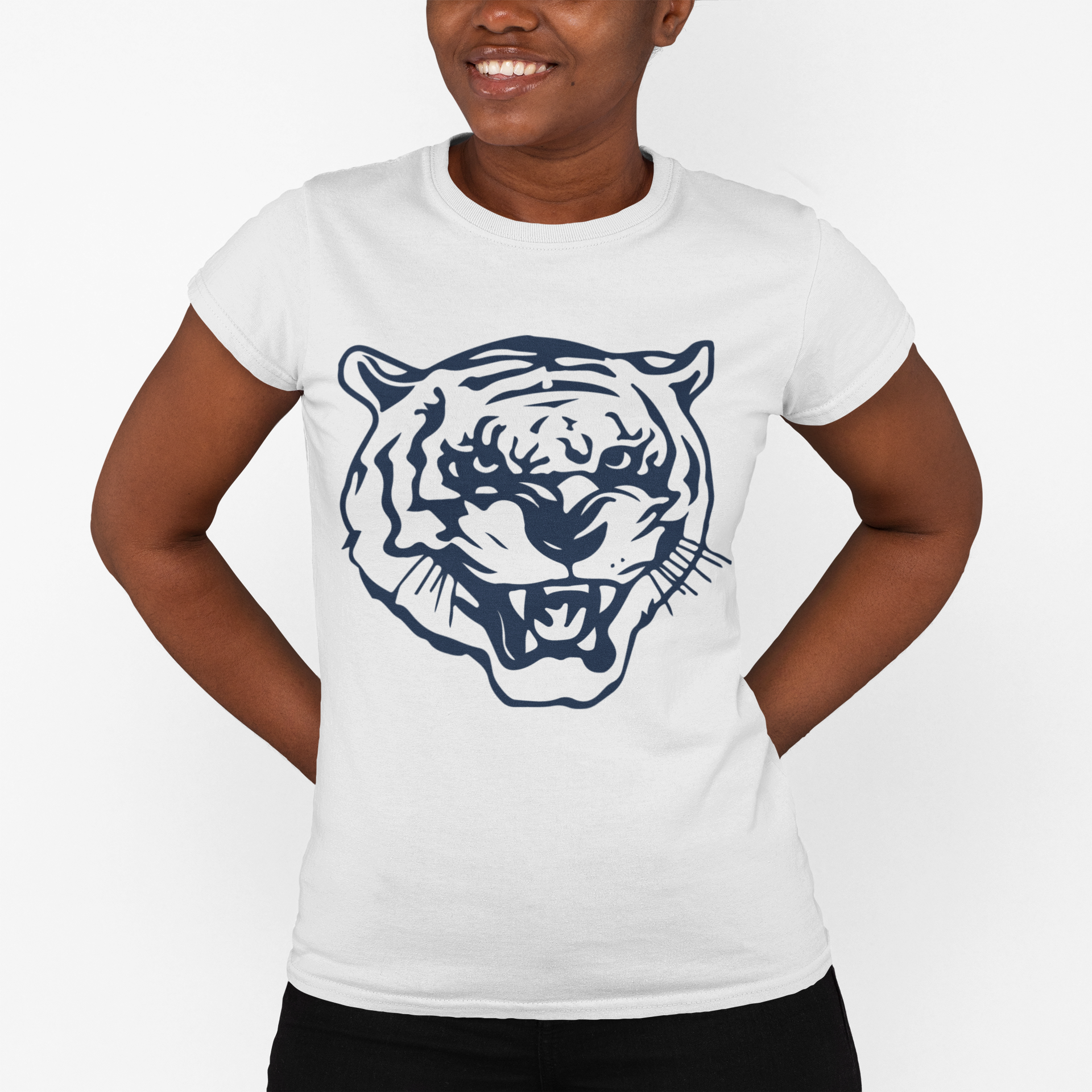 Youth t-shirt in white with Jackson State Tigers blue tiger head graphic