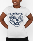 Youth t-shirt in white with Jackson State Tigers blue tiger head graphic