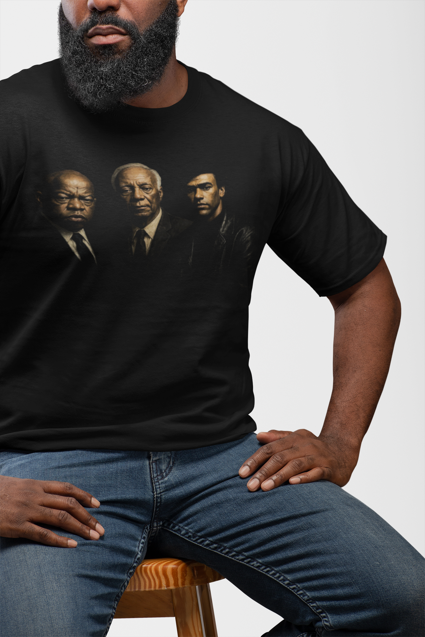 Black short-sleeve graphic T-shirt, chest print of three men portraits