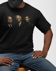 Black short-sleeve graphic T-shirt, chest print of three men portraits