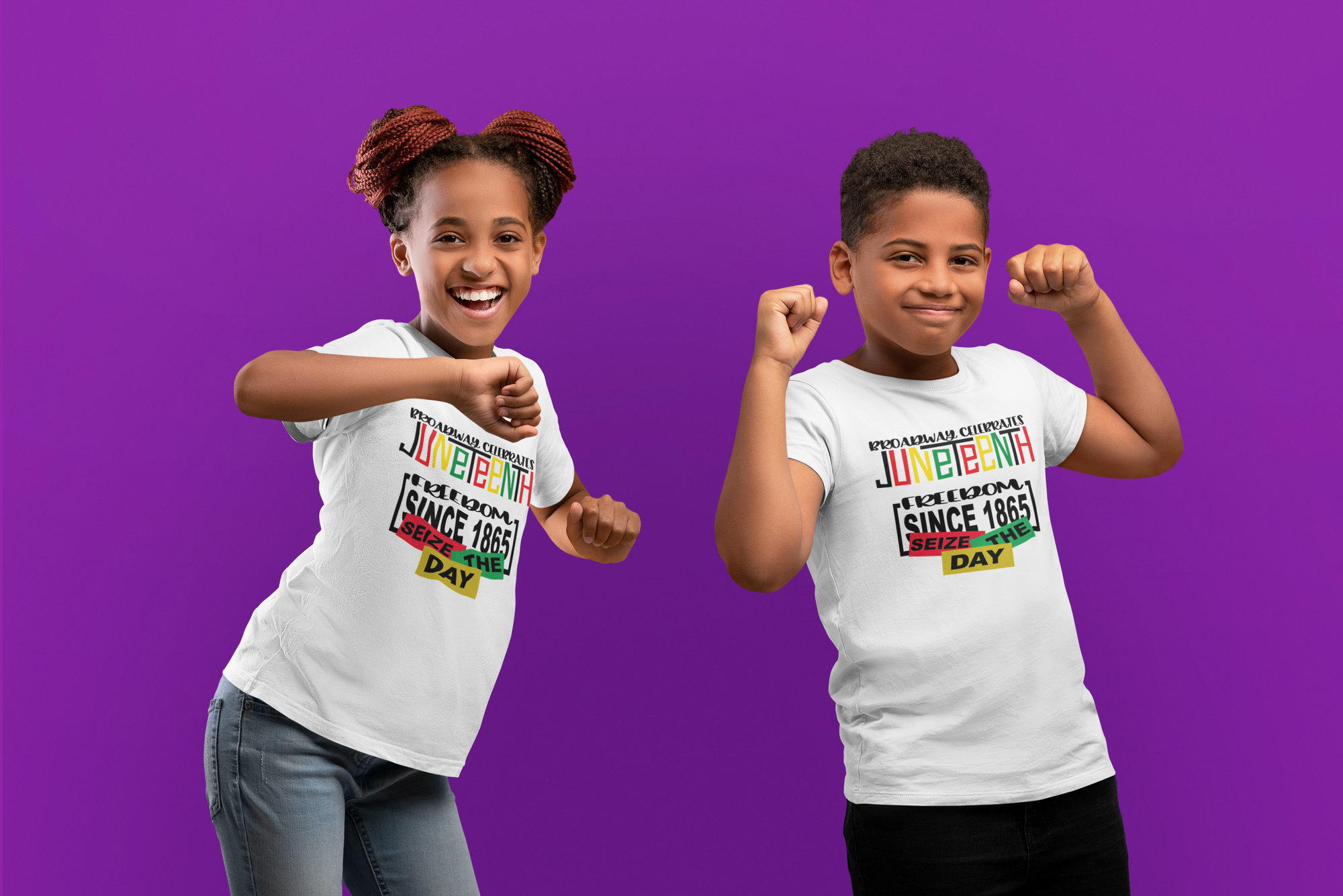 White short-sleeve crewneck T-shirt with 'Juneteenth' multicolor design, worn