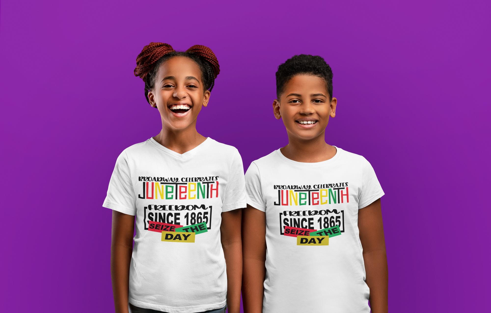 White short-sleeve crewneck T-shirt with 'Juneteenth since 1865' graphic, worn