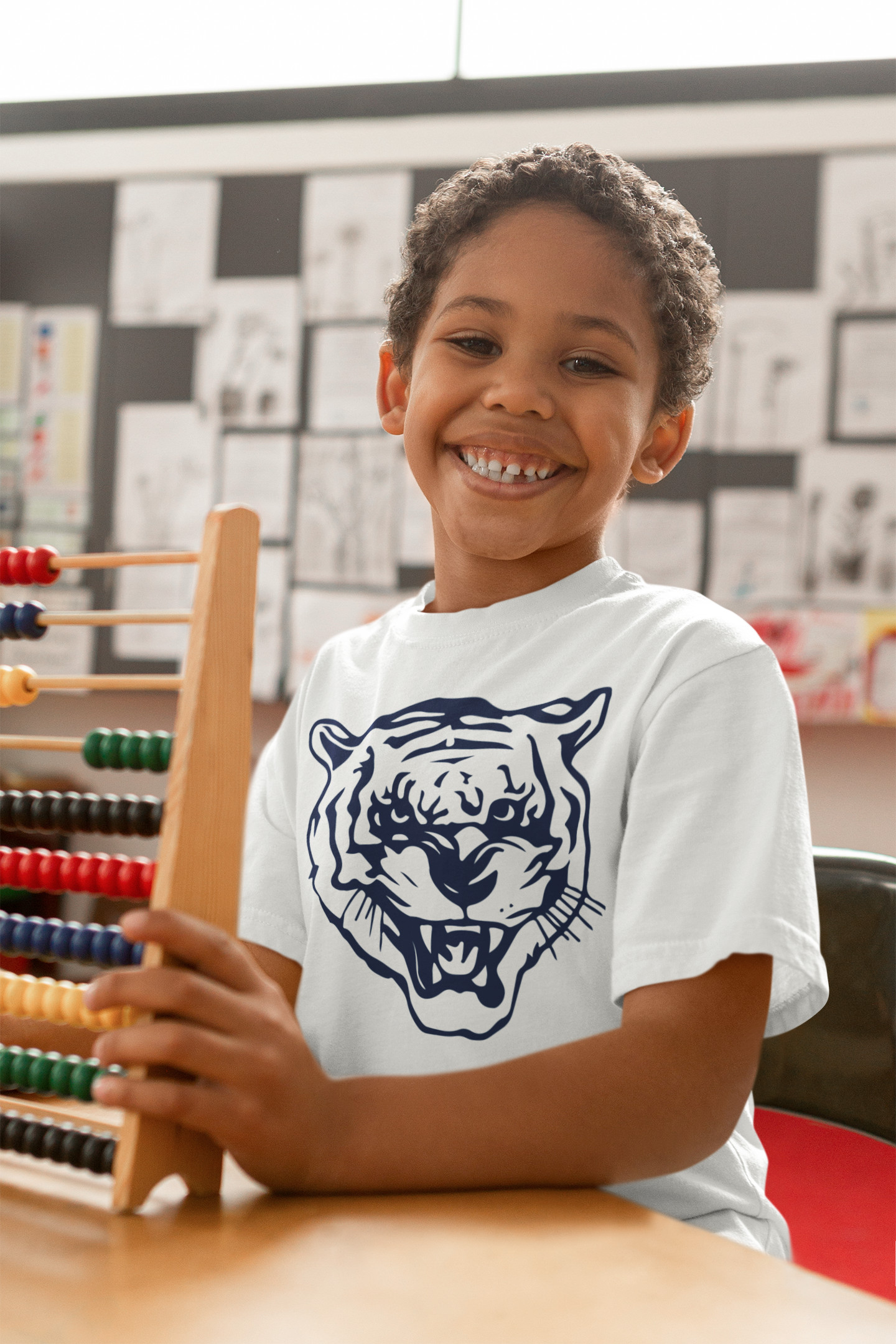 White toddler T-shirt with blue tiger head graphic on front