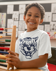 White toddler T-shirt with blue tiger head graphic on front