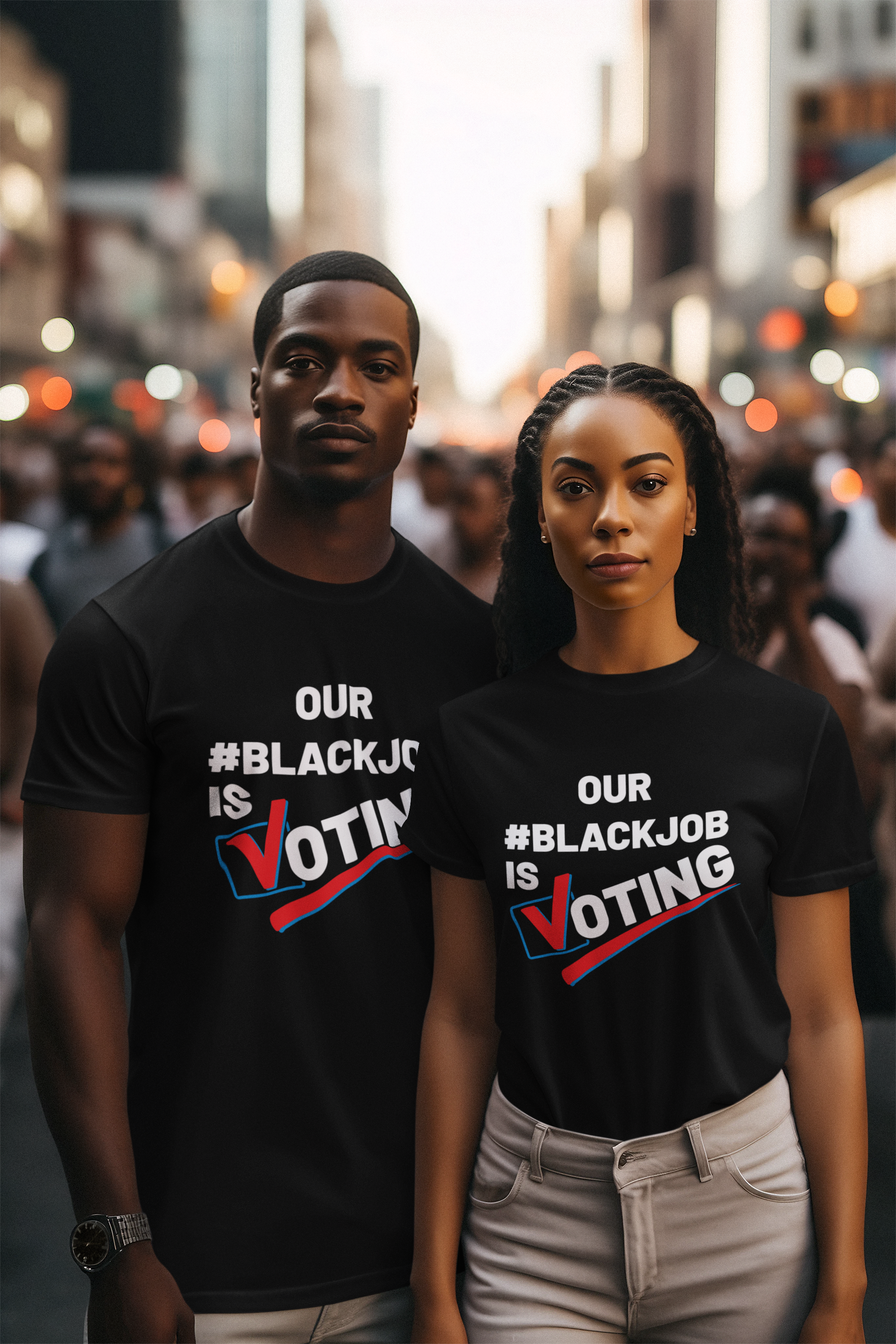 Black crewneck short sleeve T-shirt with 'OUR #BLACKJOB IS VOTING' logo