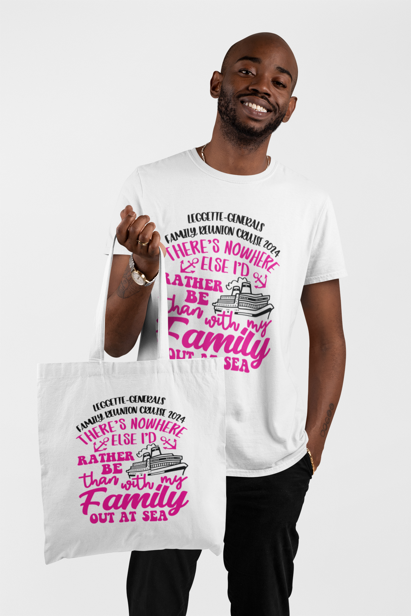 White short-sleeve T-shirt and tote bag set with colorful family reunion text