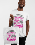White short-sleeve T-shirt and tote bag set with colorful family reunion text
