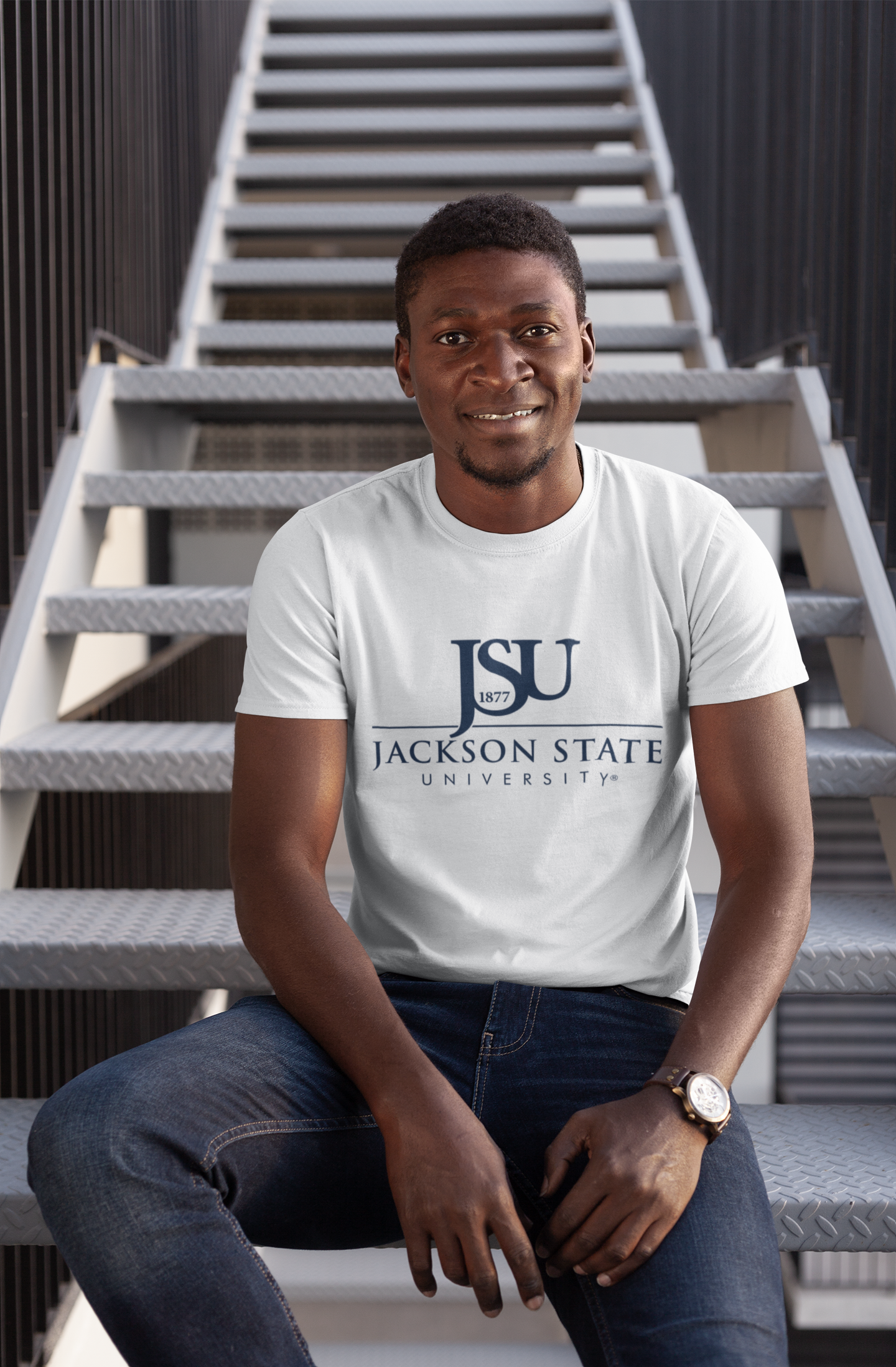 Unisex crew neck T-shirt, white with JSU logo print on chest; short sleeves.
