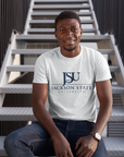 Unisex crew neck T-shirt, white with JSU logo print on chest; short sleeves.