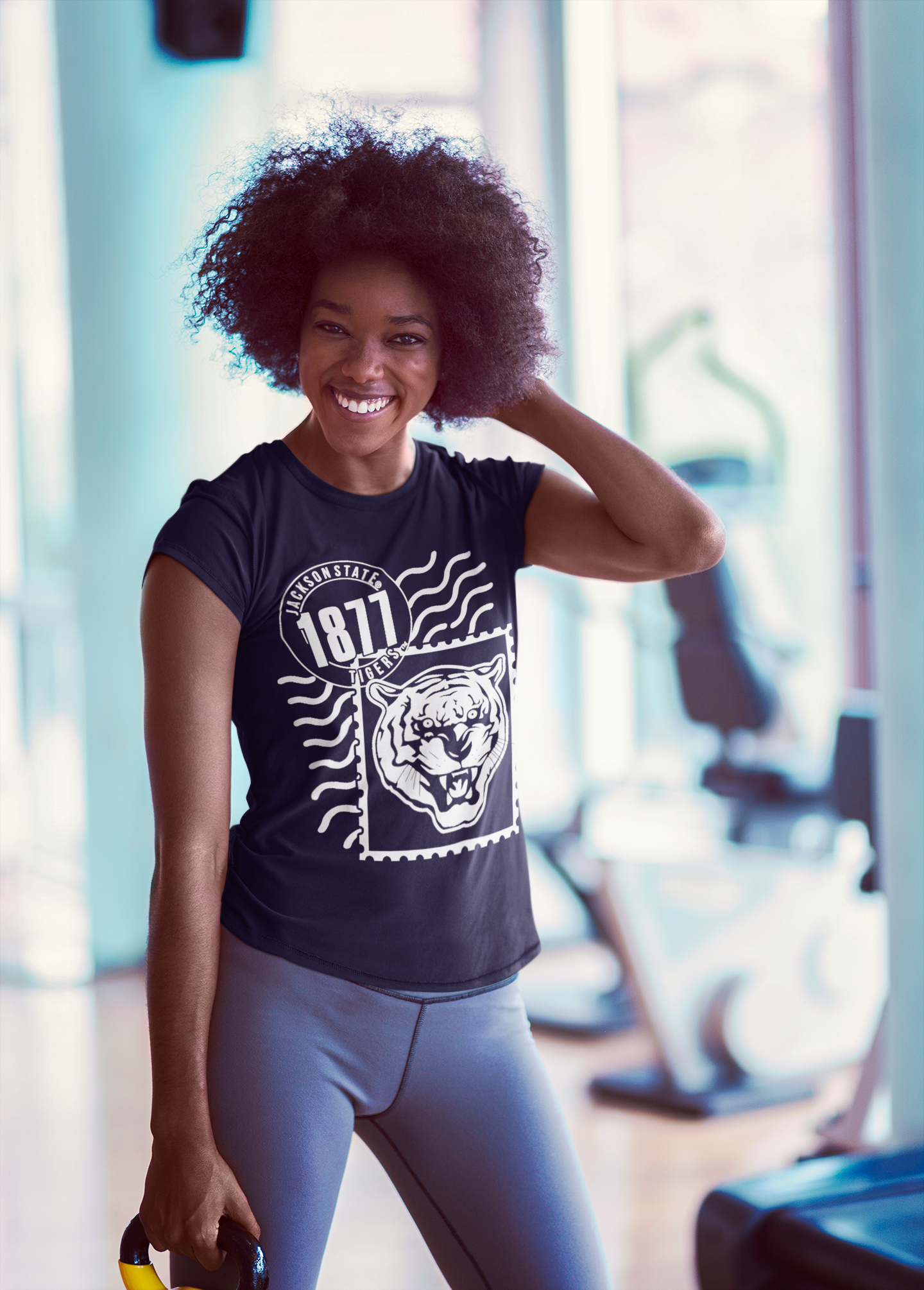 Unisex crewneck T-shirt with Tigergram face and 1871 badge graphic, dark color