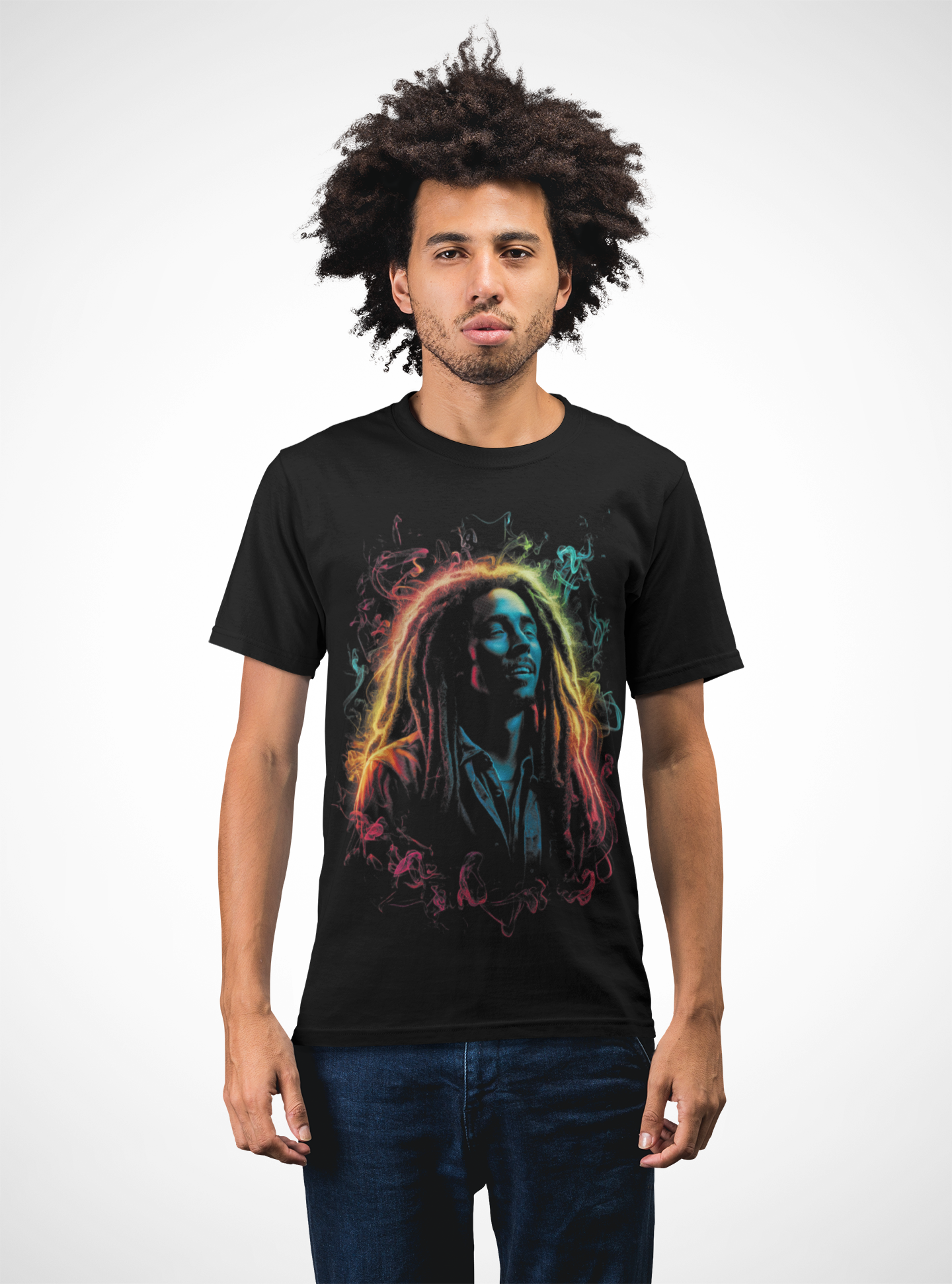 Black short-sleeve T-shirt with colorful graphic portrait