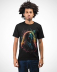 Black short-sleeve T-shirt with colorful graphic portrait