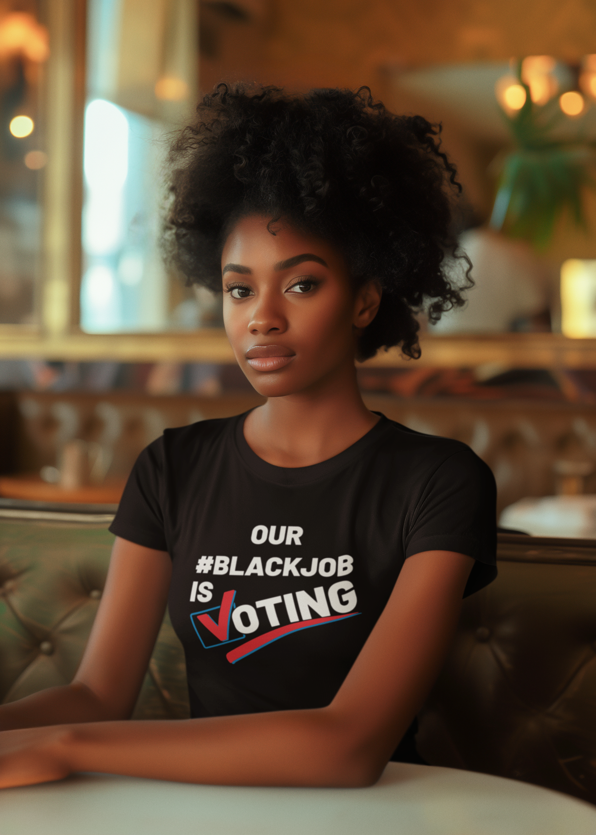Black short sleeve T-shirt with 'OUR #BLACKJOB IS VOTING' graphic front