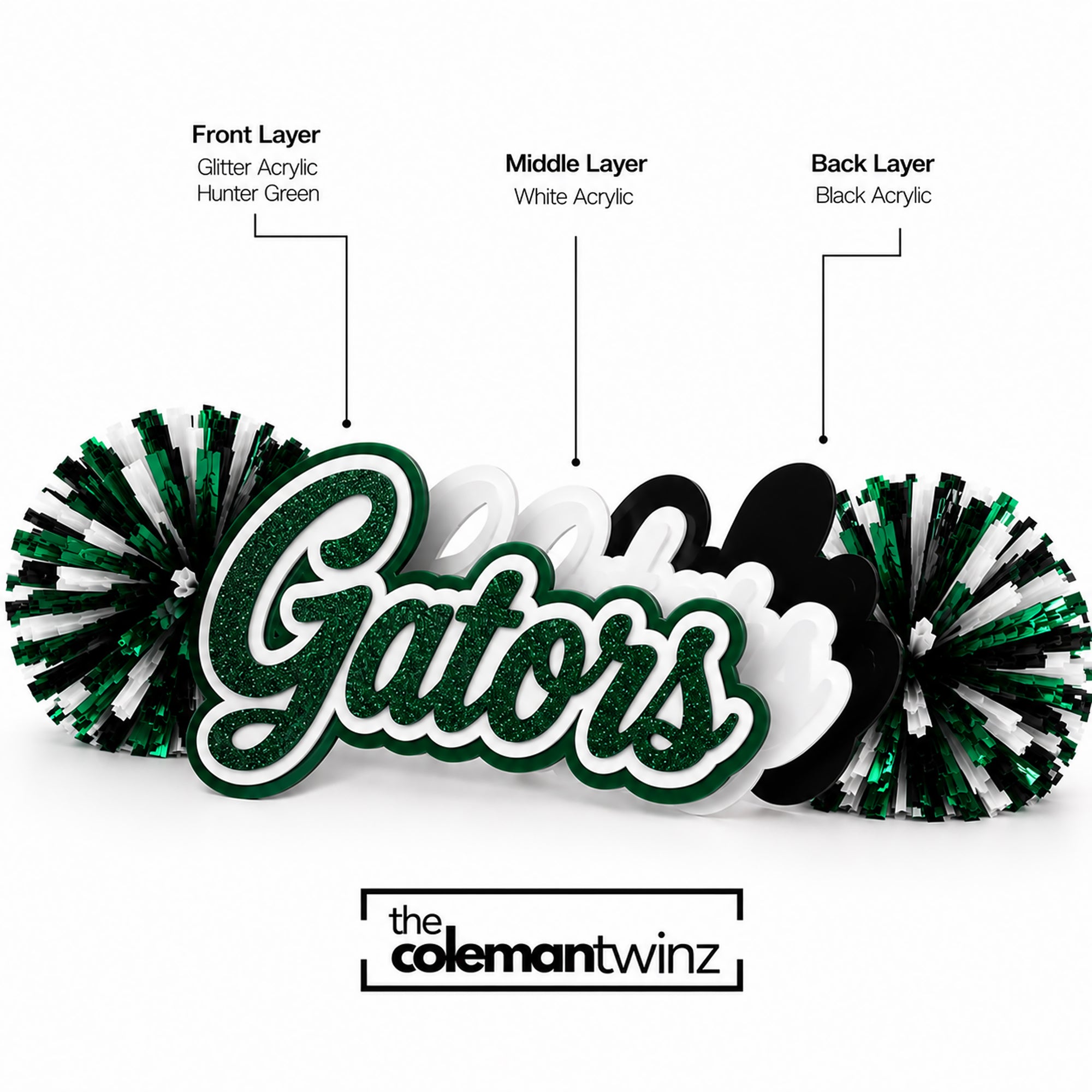 Exploded view of a personalized acrylic spirit stick showing front, middle, and back acrylic layers with premium three-layer construction.