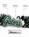 Exploded view of a personalized acrylic spirit stick showing front, middle, and back acrylic layers with premium three-layer construction.