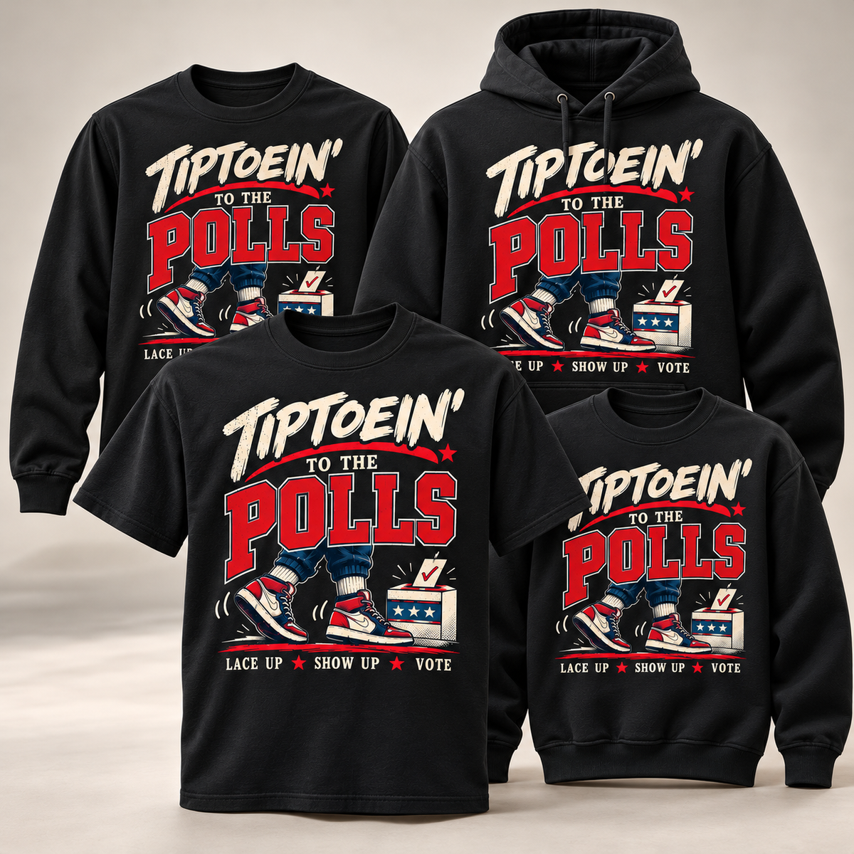 Tiptoein’ to the Polls black apparel collection with tee, long sleeve, crewneck and hoodie