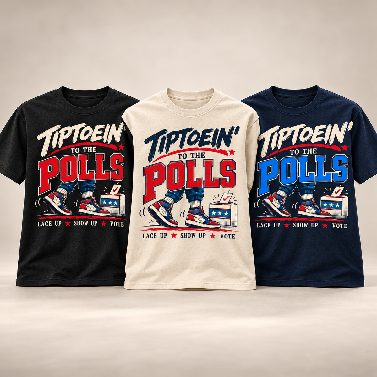 Tiptoein’ to the Polls short sleeve T-shirts in Black, Natural and Navy
