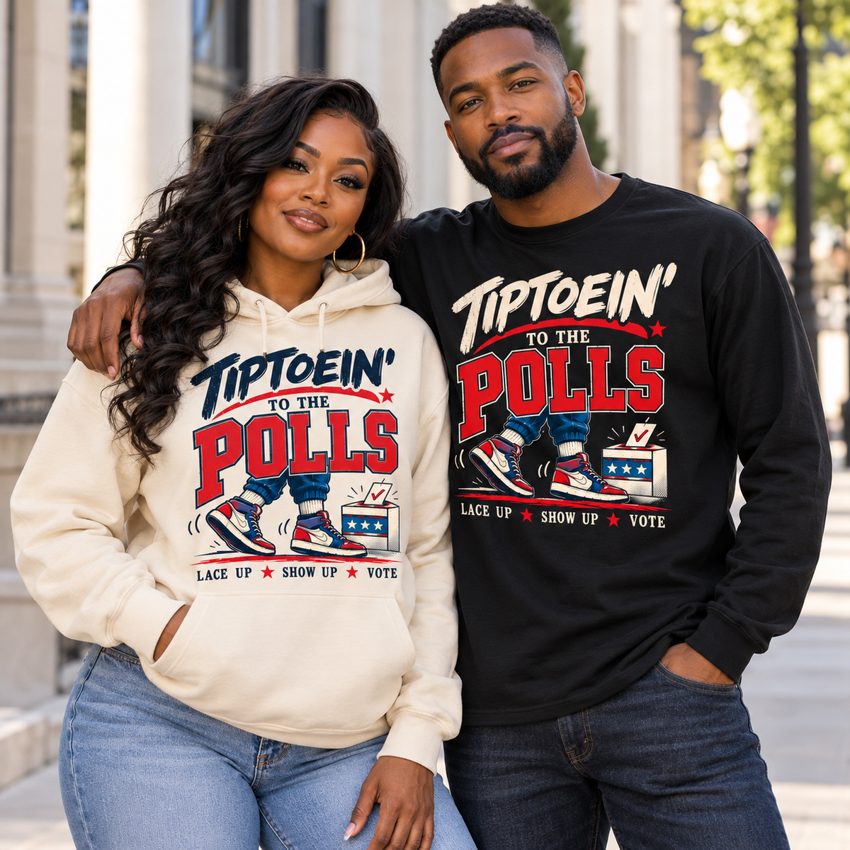 Two Black models wearing Natural and Black Tiptoein’ to the Polls apparel
