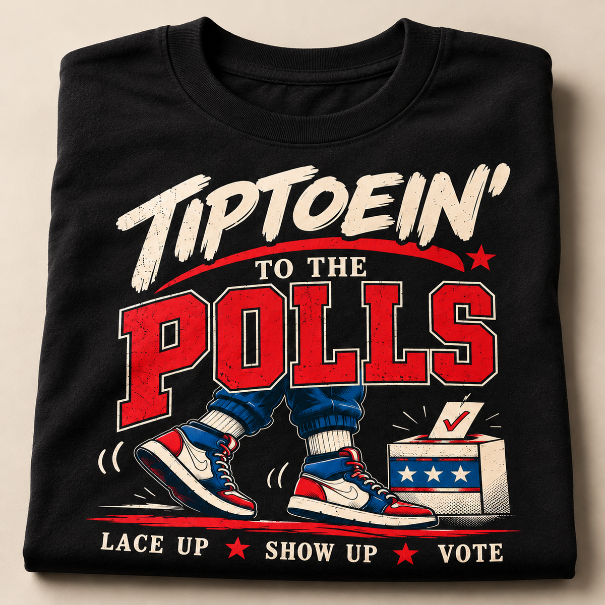 Folded black Tiptoein’ to the Polls T-shirt