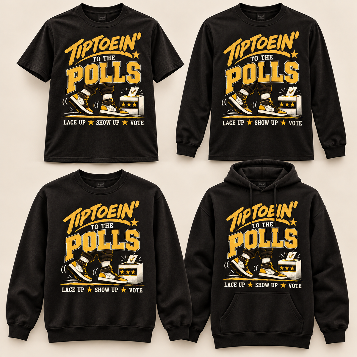 Tiptoein’ to the Polls short sleeve, long sleeve, crewneck and hoodie style comparison