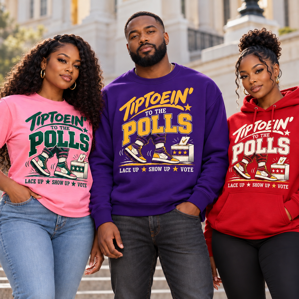 Models wearing Pink and Green, Purple and Gold, and Red and White Tiptoein’ to the Polls apparel