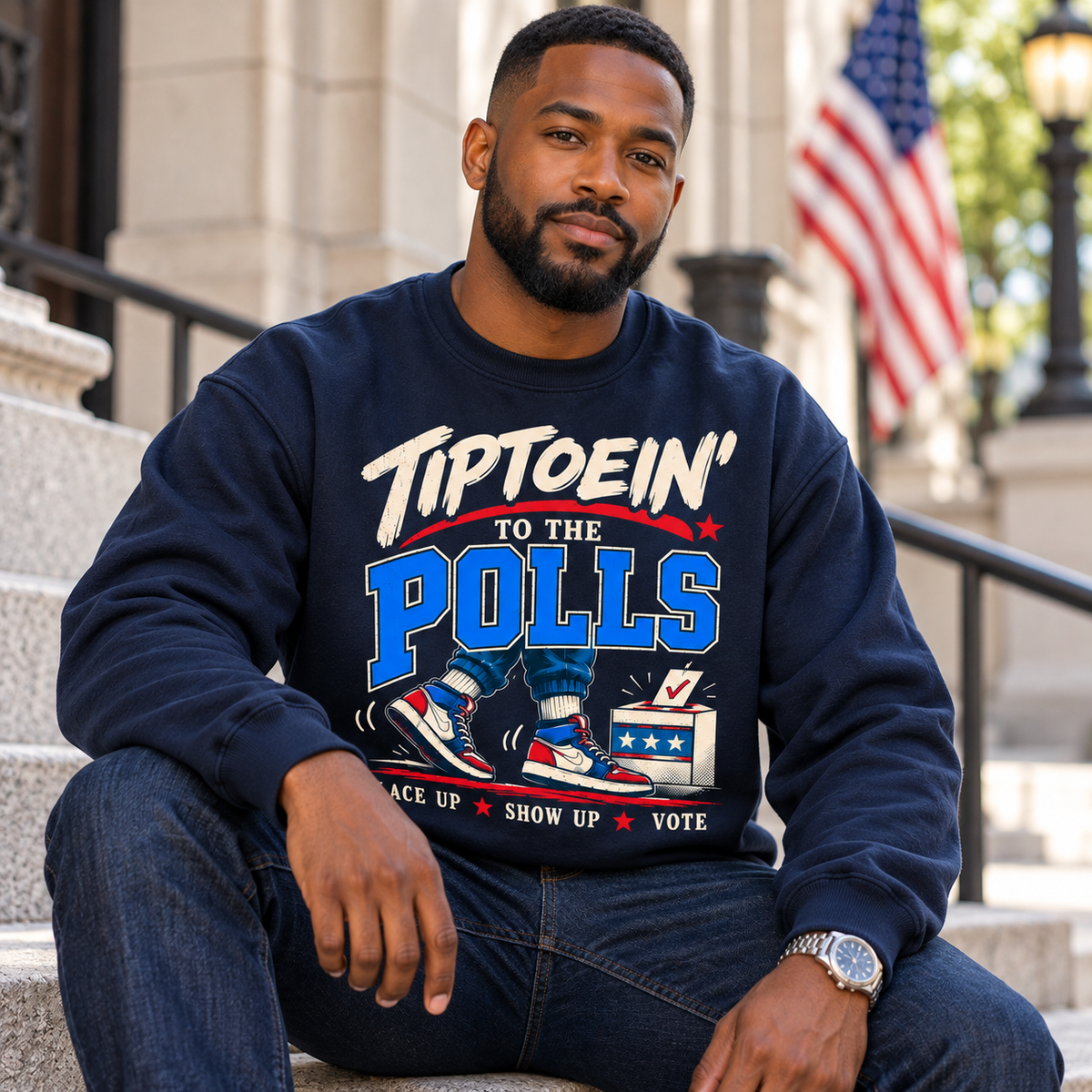 Black man wearing the navy Tiptoein’ to the Polls crewneck sweatshirt