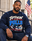Black man wearing the navy Tiptoein’ to the Polls crewneck sweatshirt