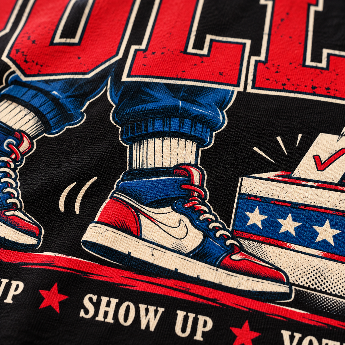 Close-up detail of Tiptoein’ to the Polls DTF print on black cotton