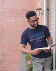 Navy crew-neck short-sleeve T-shirt with blue Tigers university graphic, worn by model