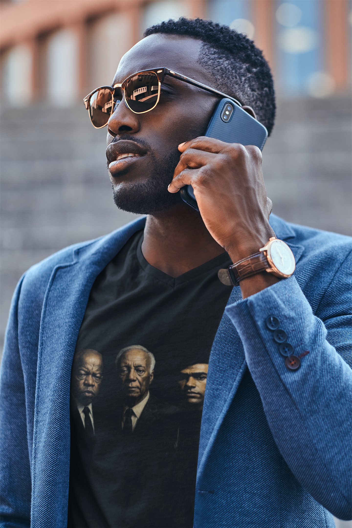 Black short-sleeve graphic T-shirt with three men portrait print on the chest