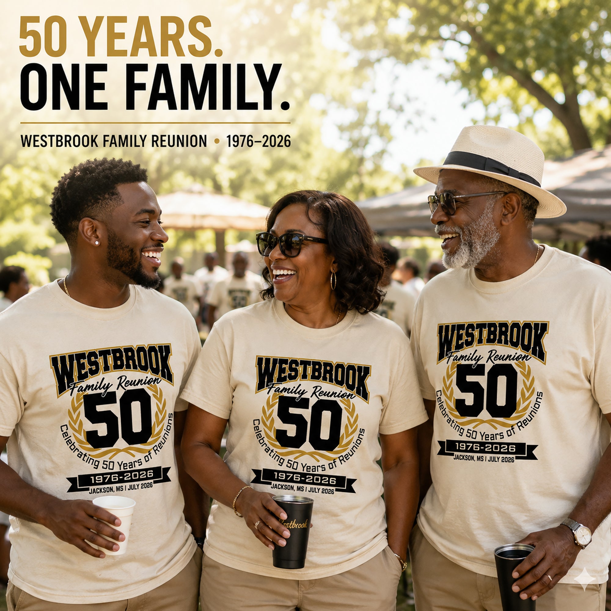 Family wearing Westbrook Family Reunion 50th Anniversary shirts at an outdoor reunion