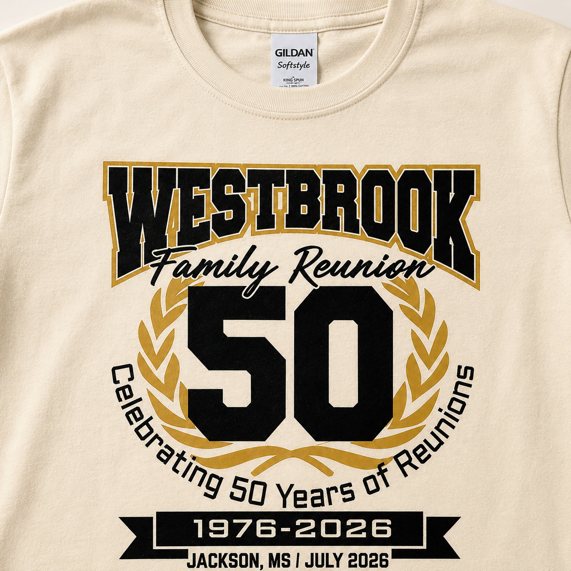 Close-up of Westbrook Family Reunion 50th Anniversary 1976–2026 shirt design