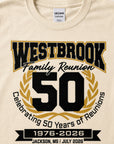 Close-up of Westbrook Family Reunion 50th Anniversary 1976–2026 shirt design