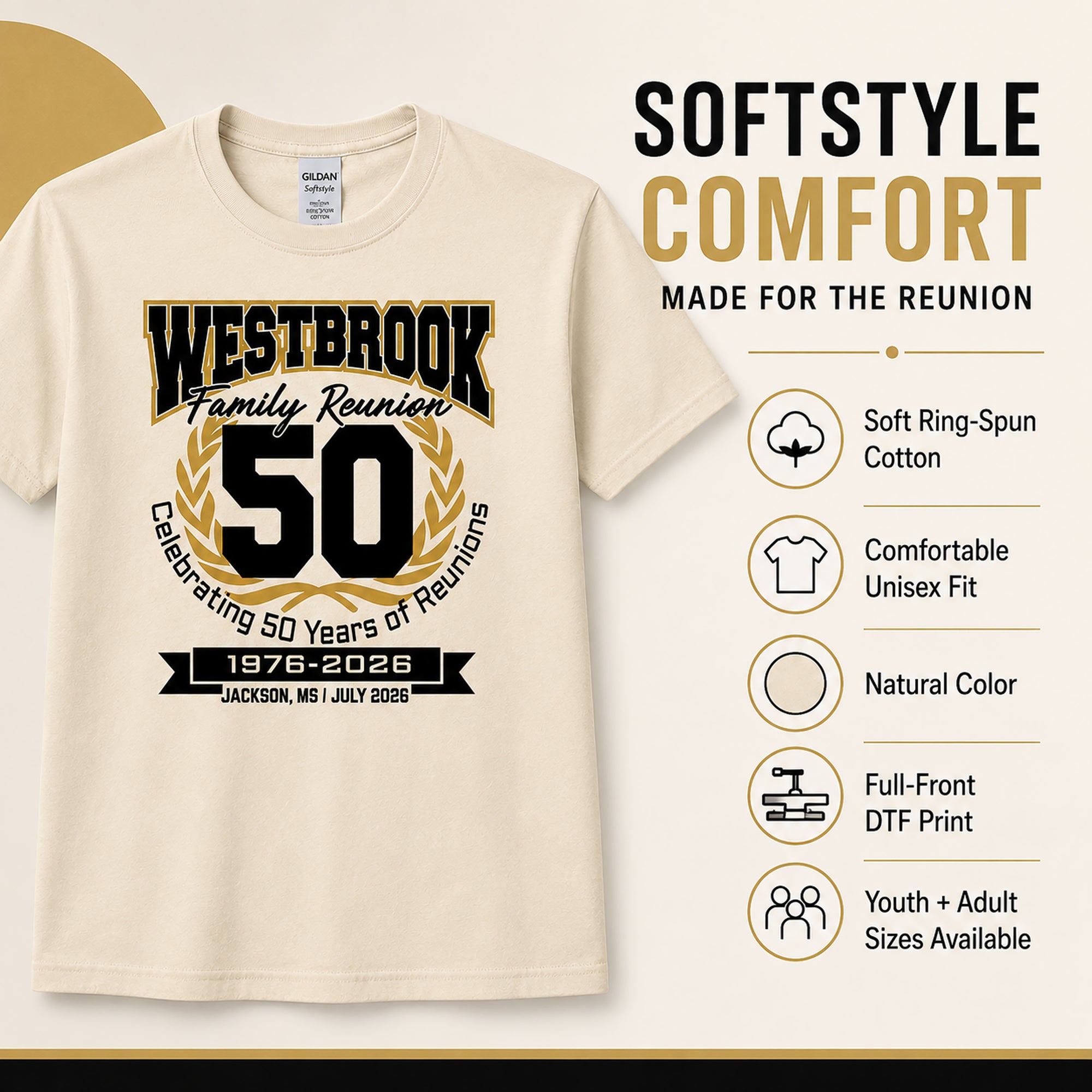 Westbrook Family Reunion T-shirt features including Softstyle cotton, unisex fit and DTF print