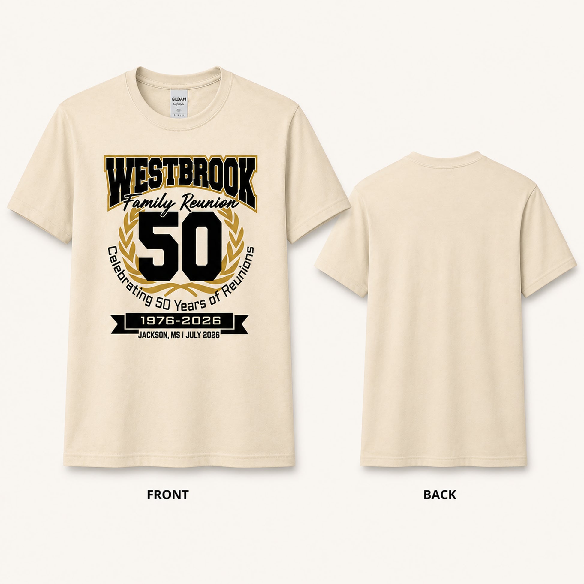 Front and back view of Westbrook Family Reunion 50th Anniversary T-shirt in Natural