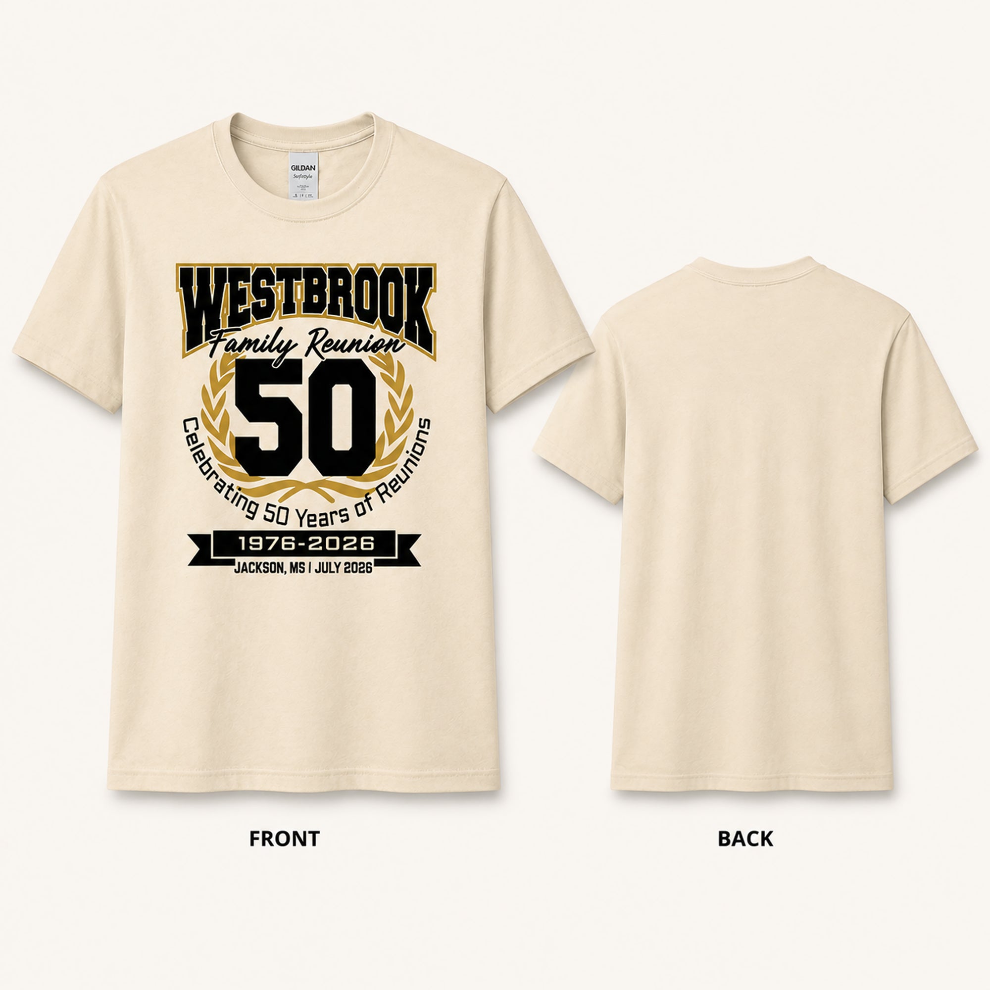 Front and back view of Westbrook Family Reunion 50th Anniversary T-shirt in Natural
