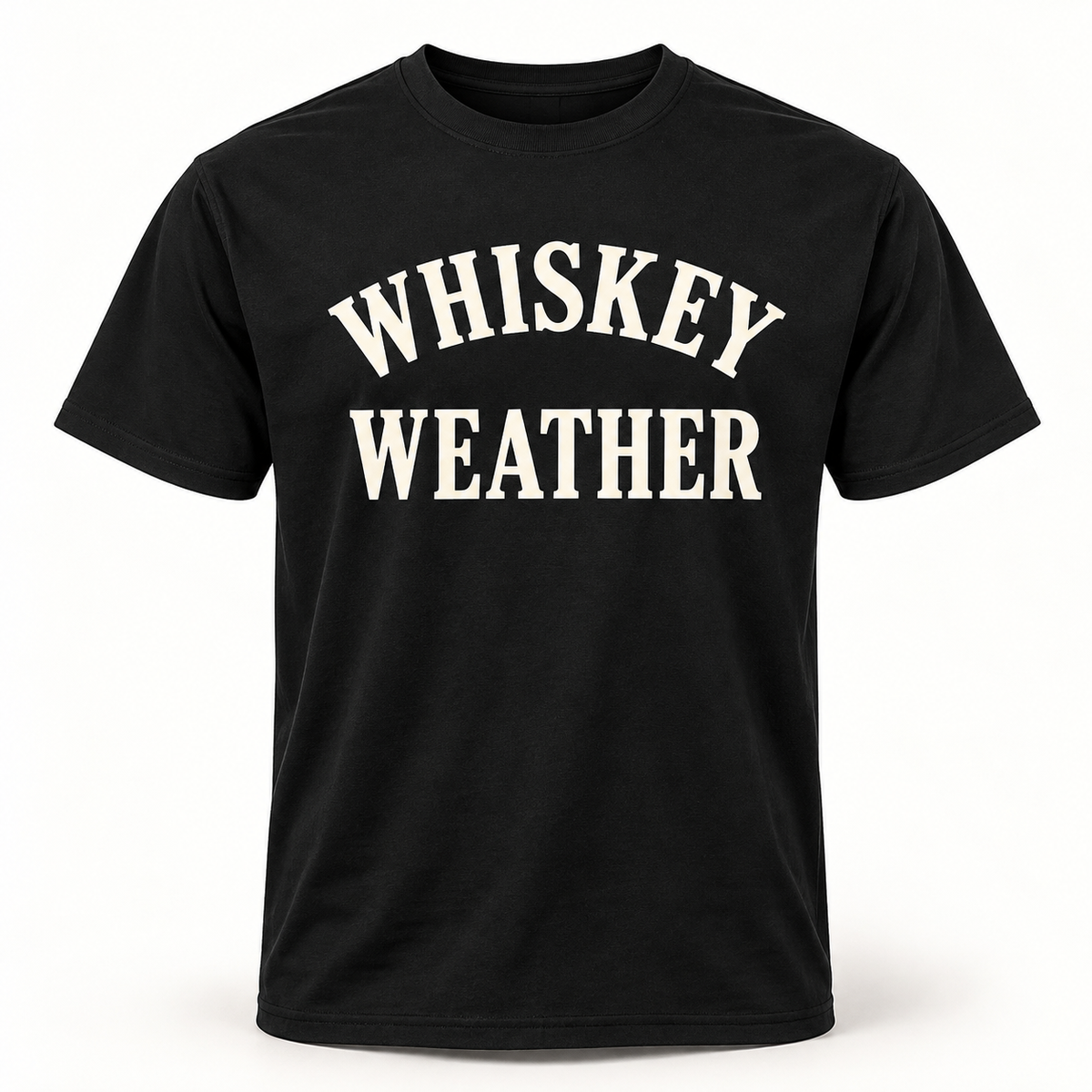 Black Whiskey Weather unisex short sleeve T-shirt with warm cream print