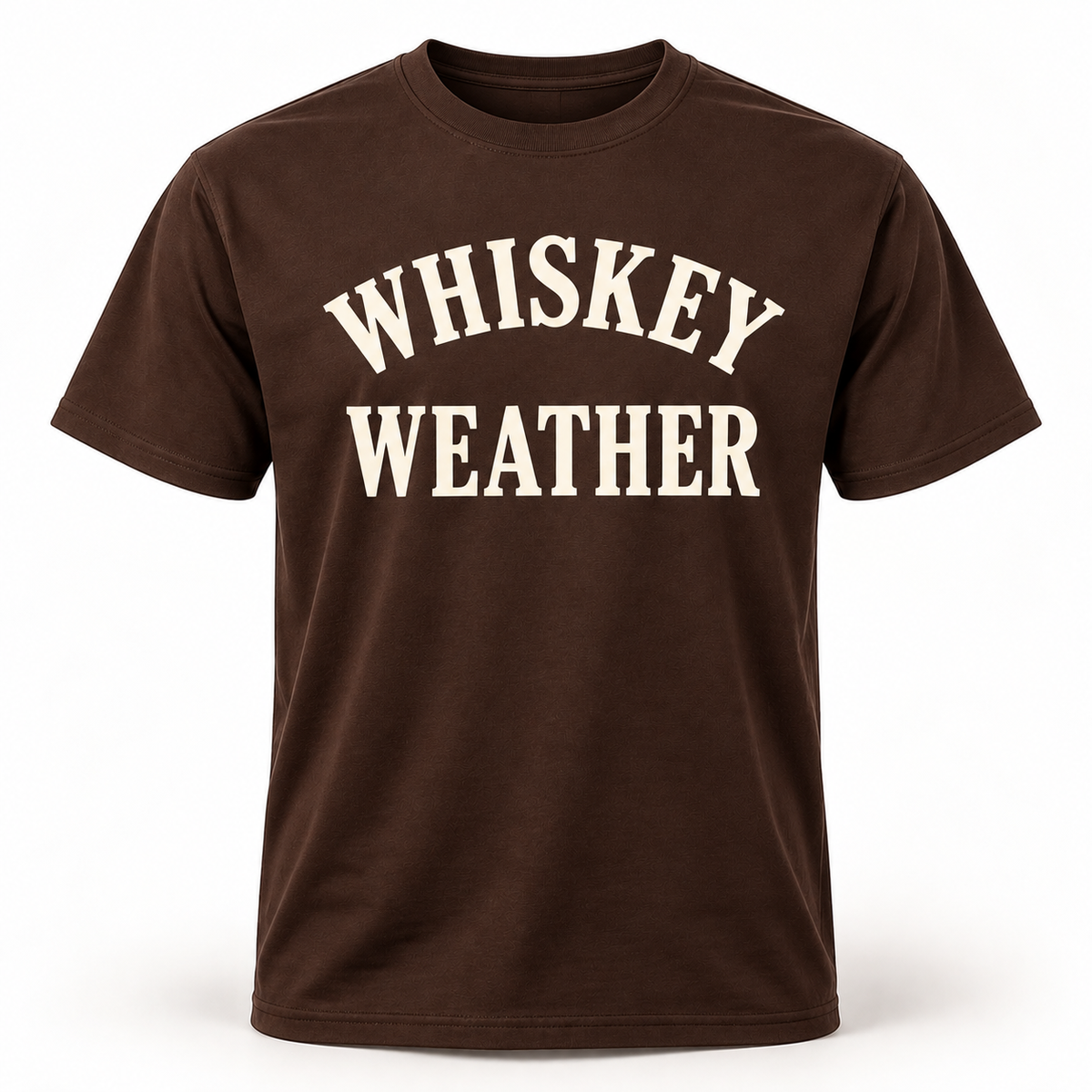 Chocolate Brown Whiskey Weather unisex short sleeve T-shirt with warm cream print