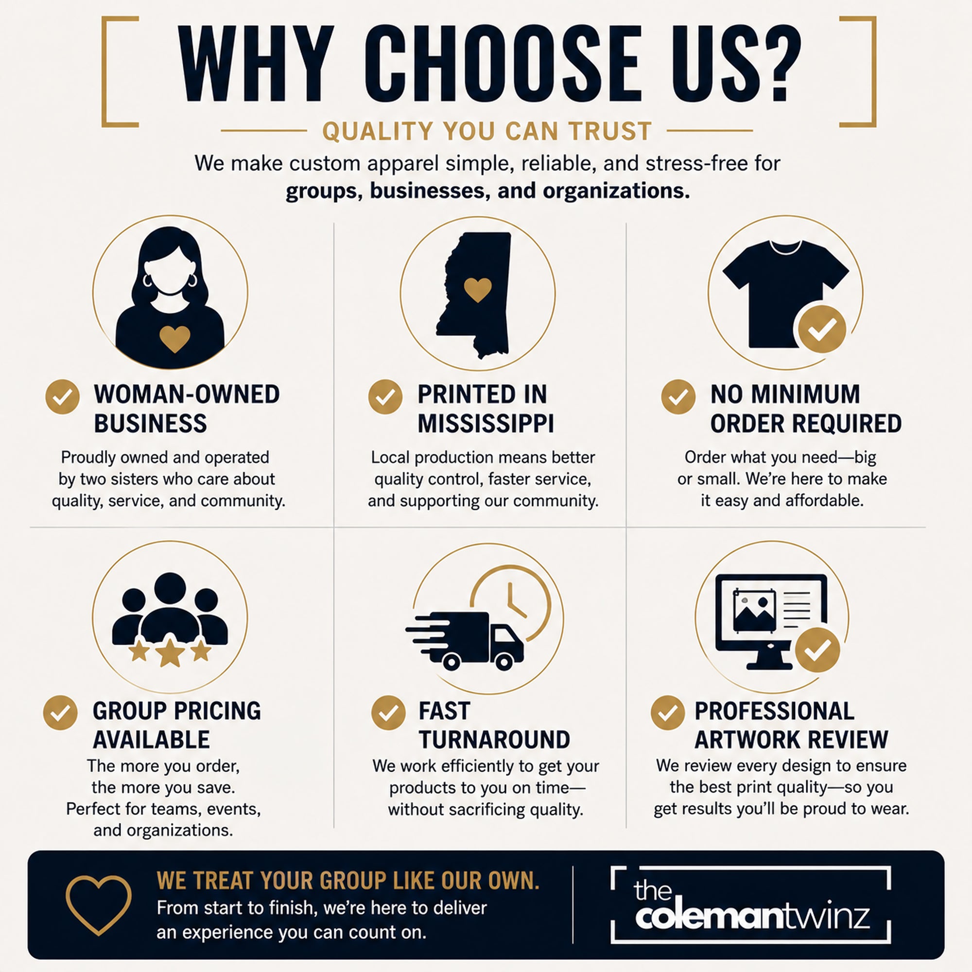 Promotional graphic for Coleman Twinz highlighting their services and benefits.
