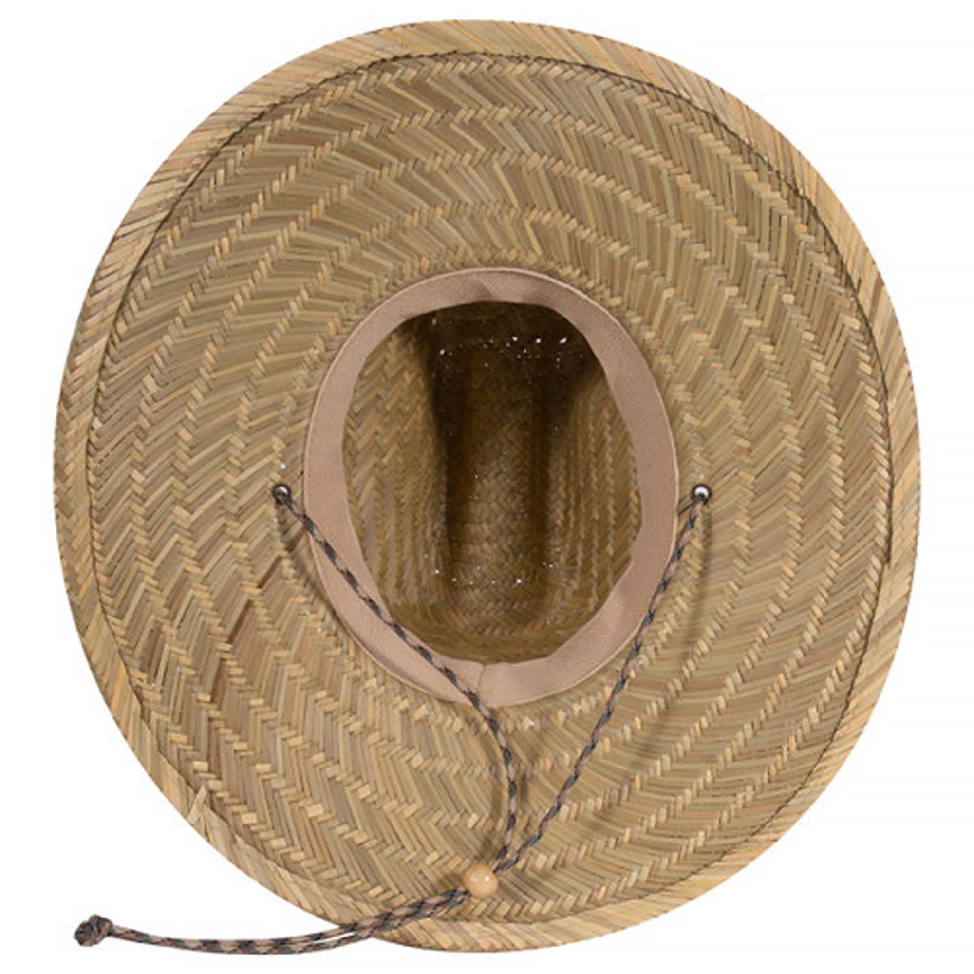 Woven straw hat with a wide brim on a white background