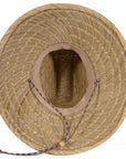 Woven straw hat with a wide brim on a white background