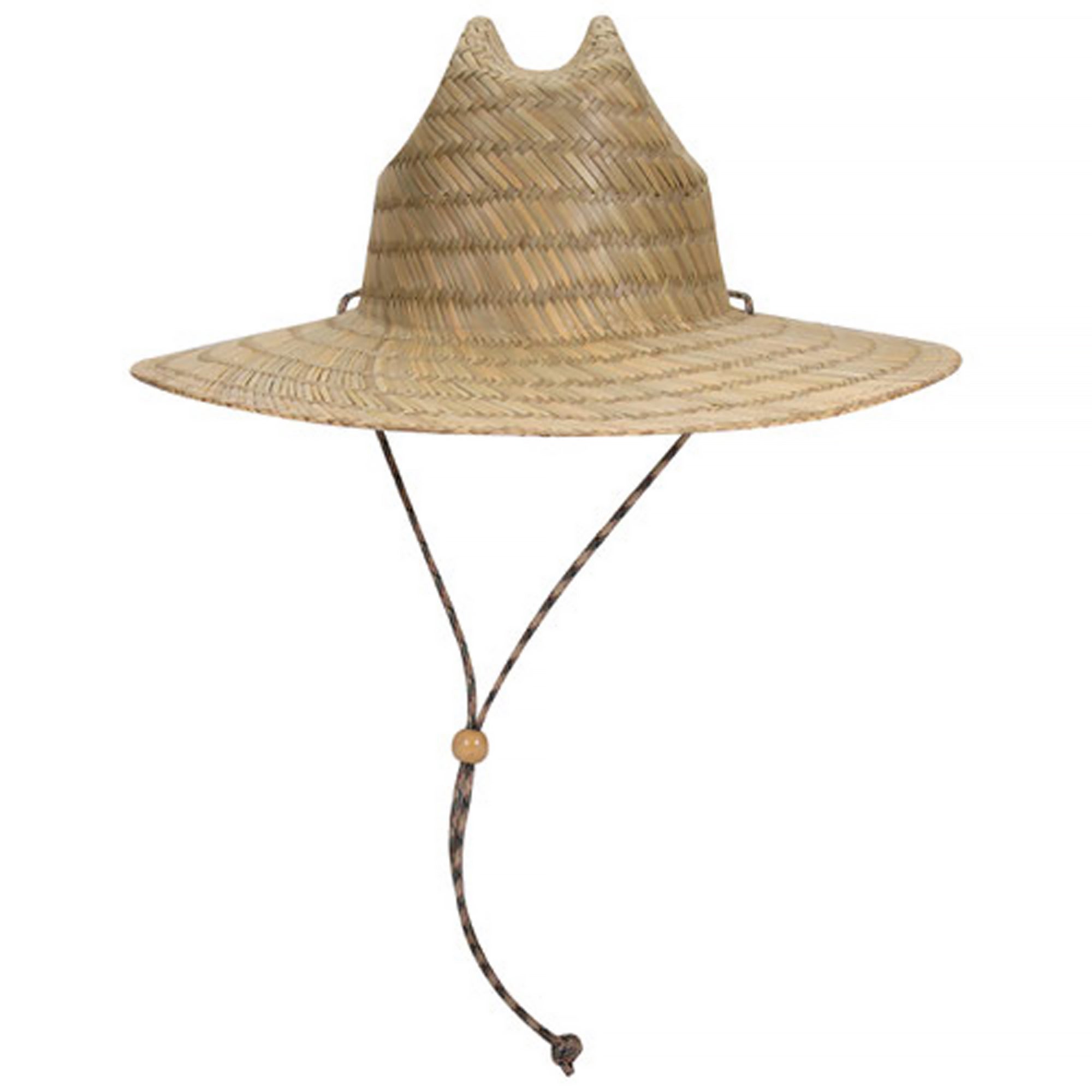 A natural woven straw wide-brim hat with a tall conical crown and a dark brown adjustable chin cord, shown against a plain white background.